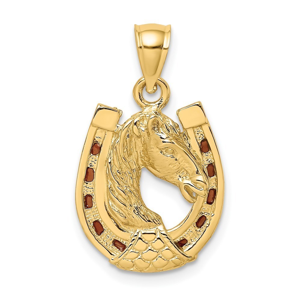 14k Yellow Gold Horse Head in Horseshoe w/ Enameled Necklace Charm Pendant